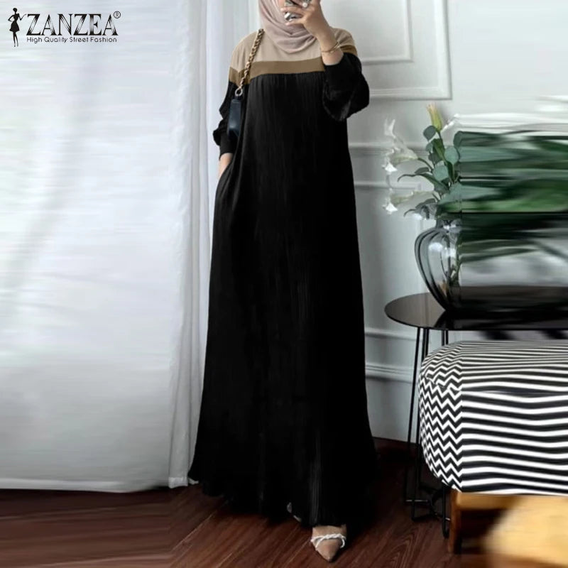 2024 ZANZEA Muslim Abaya Robe Femme Women Patchwork Maxi Dresses Fashion Autumn Long Sleeve Pleated Sundress Casual Vestidos