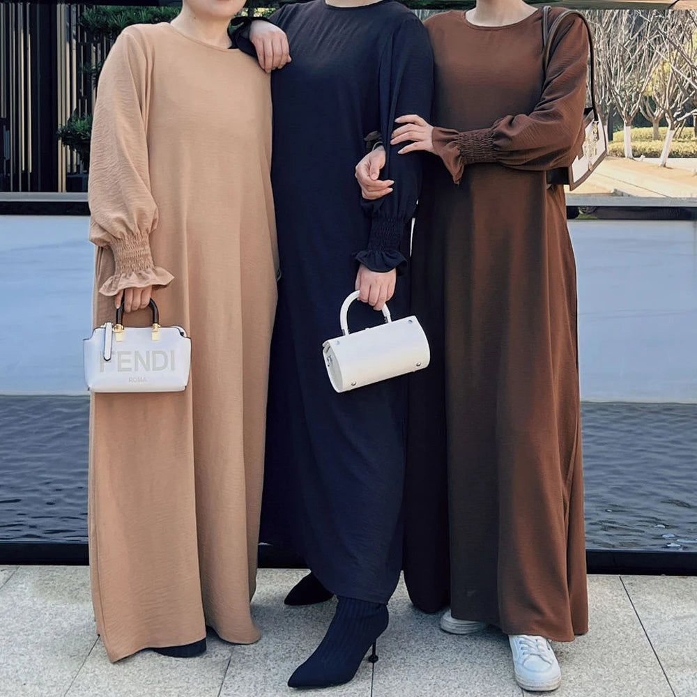 Under Abaya Inner Long Slip Dress Solid Color Smocked Cuffs Islamic Clothing Muslim Woman Casual Dubai Turk Modest Hijabi Robe