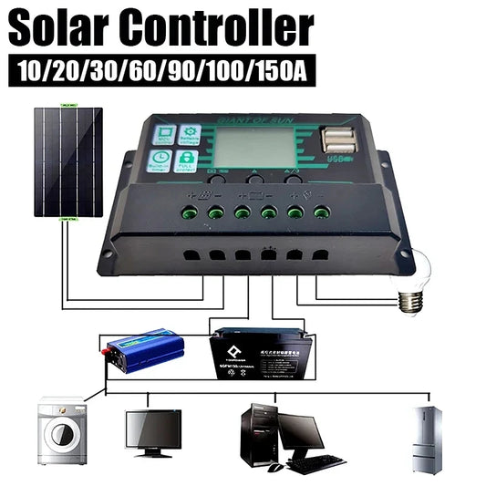 10/20/30/40/50/60/70/80/90/100/150A Solar Controller Digital Display LCD Screen 12V 24V Solar Panels Battery Charge Controller