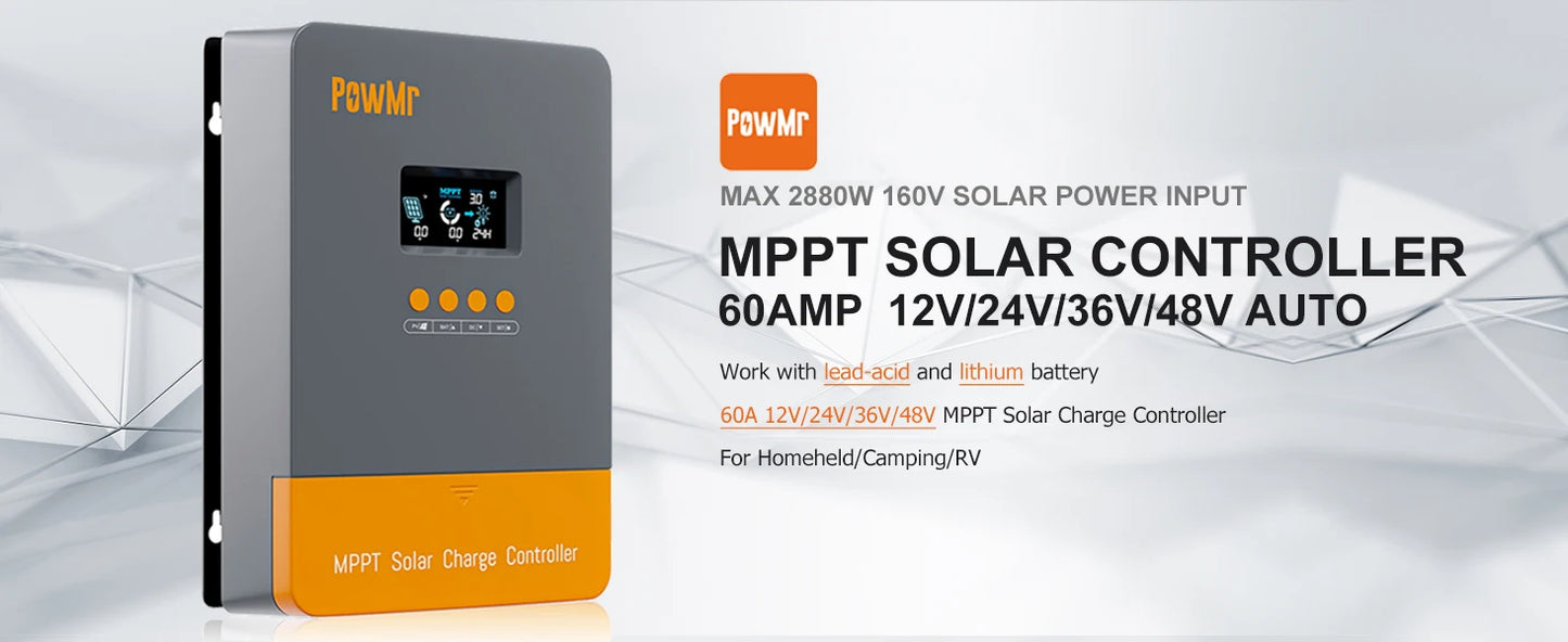 PowMr MPPT 60A 40A 30A 20A LCD Solar Charge Controller 12V 24V 36V 48V Auto Battery Solar Panel Smart Regulator Support Lifepo4