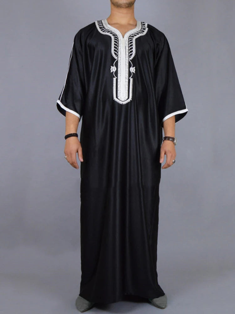 Arab Long Robe Islam Kaftan Muslim Eid Men Moroccan Dubai Caftan Embroidered Loose Breathable Abaya Jalabiya Thobe Summer 2024