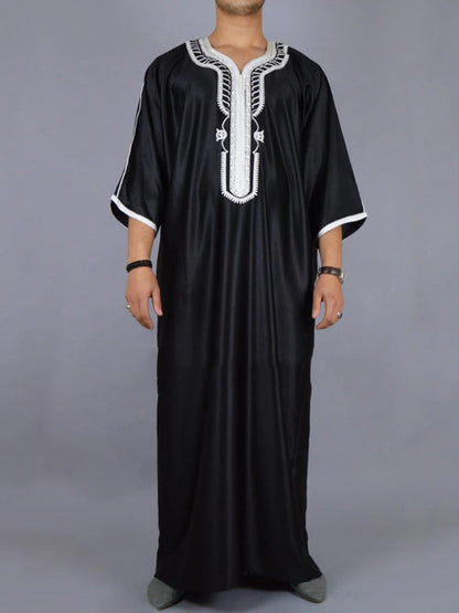 Arab Long Robe Islam Kaftan Muslim Eid Men Moroccan Dubai Caftan Embroidered Loose Breathable Abaya Jalabiya Thobe Summer 2024