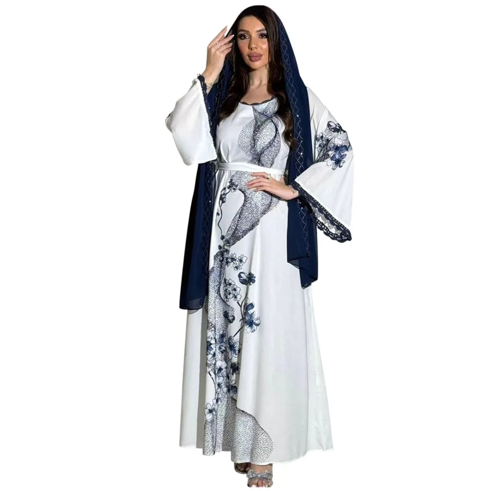 2pcs Set Flowers Printed Dress with Sash Belt Abaya Hijab Veil Fashion Diamonds Robe Muslim Lace Trimming Kaftan Women Long Gown