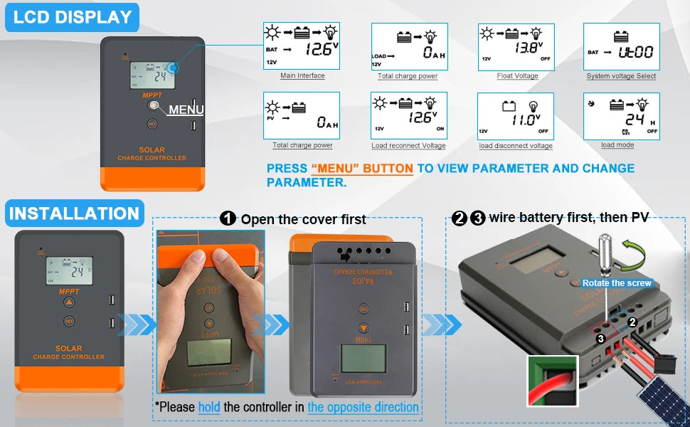 MPPT Solar Charge Controller 20A 30A 40A 12V 24V Auto LCD Display Solar Regulator Fit for AGM Gel Flooded and Lithium Batteries