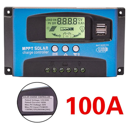 100A/80A/60A/30A/10A PWN Auto Solar Charge Controller Dual USB LCD Display Output 5V Auto Solar Panel Battery Charge Regulator