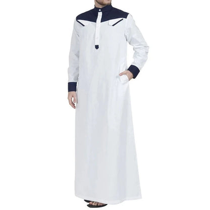 Traditional Muslim Clothing Contrast Color Muslim Dress Middle East Jubba Thobe Men Robe w/ Long Sleeves Mandarin Neck