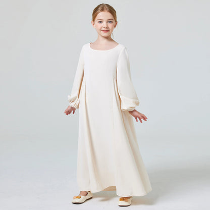 Ramadan Girl Abaya Muslim Elegant Solid Crew Neck Long Sleeve Kaftan Kids Dress For Pray Party