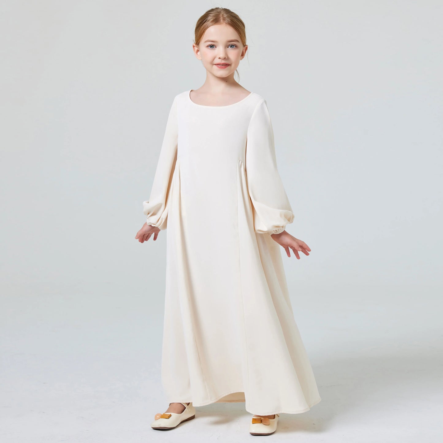 Ramadan Girl Abaya Muslim Elegant Solid Crew Neck Long Sleeve Kaftan Kids Dress For Pray Party