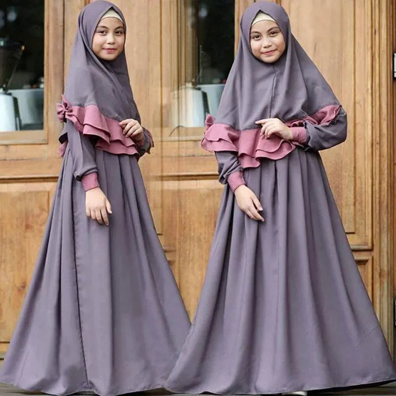 2Pcs Muslim Kids Hijab Dress Abaya Set Islamic Children Eid Ramadan Prayer Burka Arab Girls Khimar Headscarf Niqab Robe Clothing