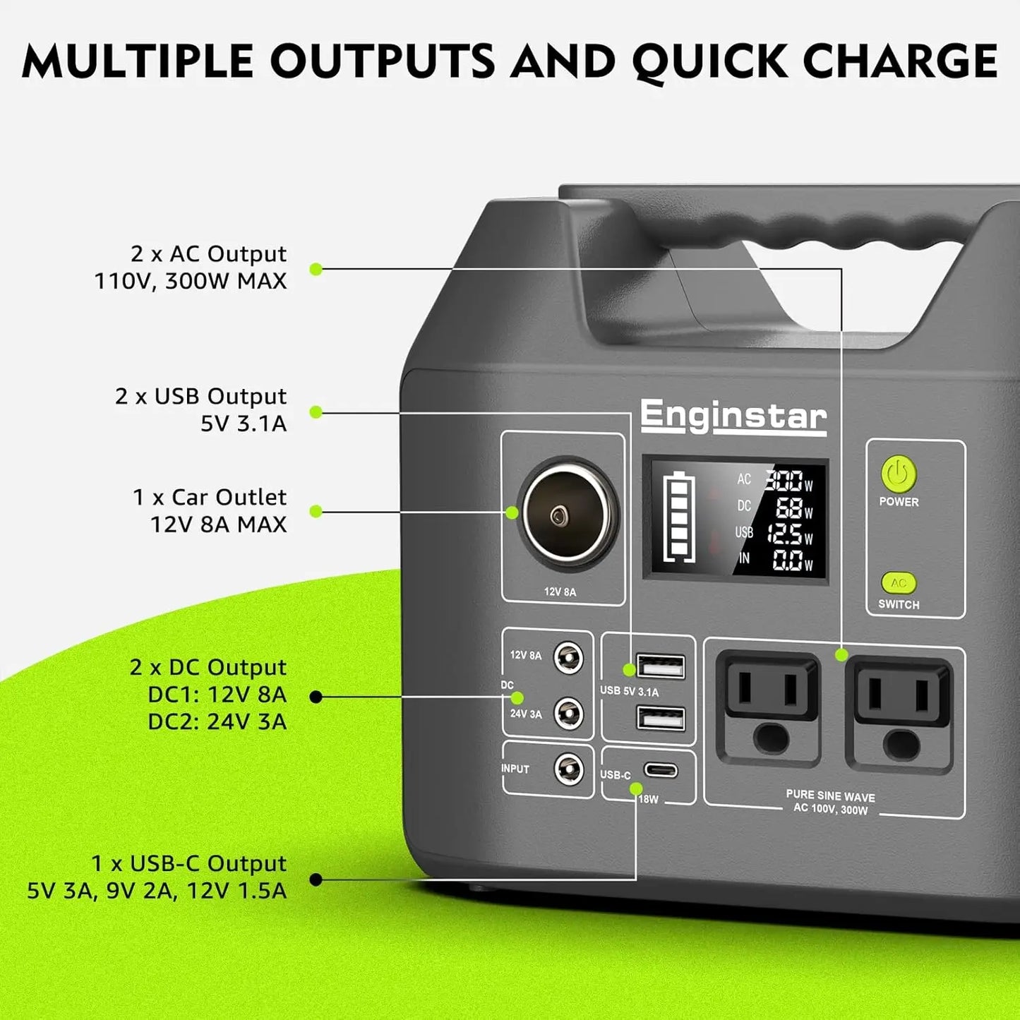 EnginStar Portable Power Station 300W 296Wh Battery Bank with 110V Pure Sine Wave AC Outlet for Outdoors Camping Hunting