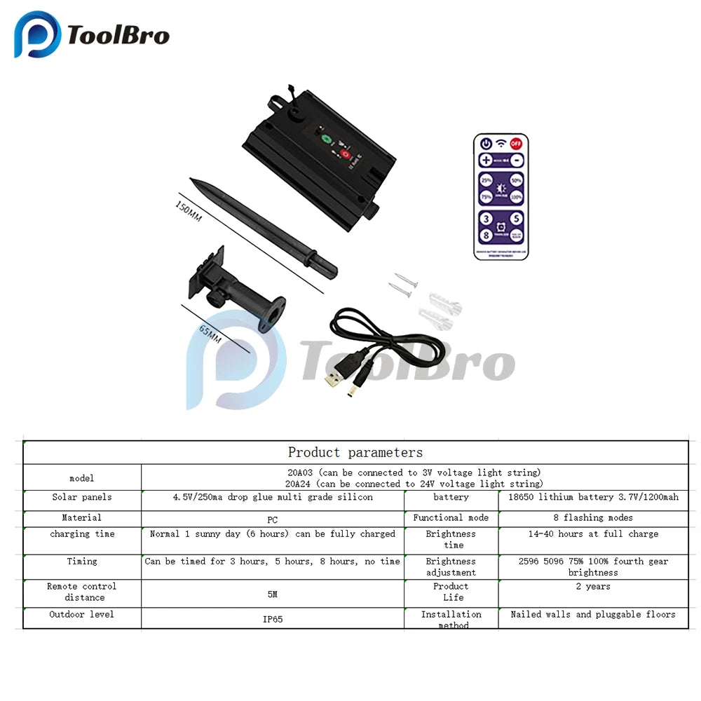 Solar Panel with 8 Flash Modes Remote Controller Male and Female Connect for 4.5V 5V 24V LED Light String Brightness Dimmer