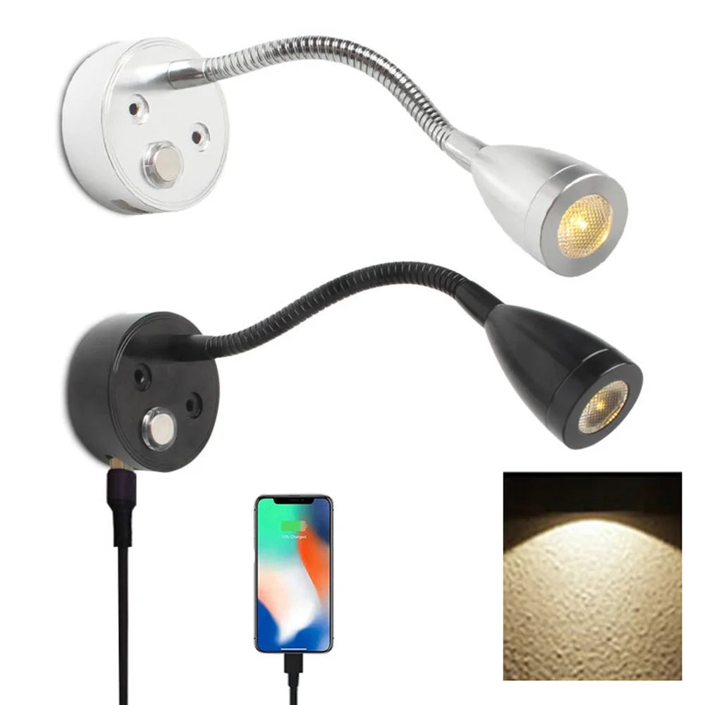 RV Boat LED Reading Light Dimmable Gooseneck Wall Lamp 12V 3W Smart Touch Wall Lamp For Motorhome Yacht Cabin USB Charger Port