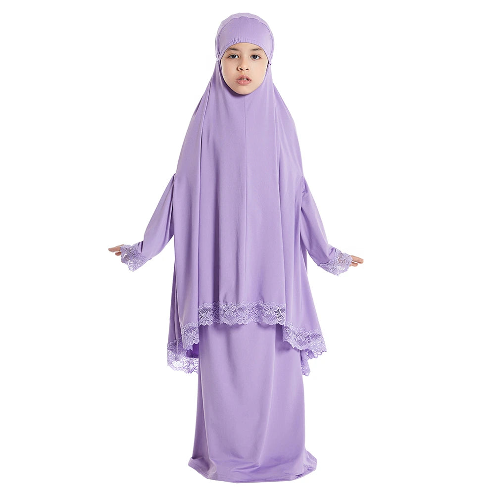 2 Piece Set Prayer Garment Lace Dress Muslim Kids Girls Abaya Gowns Overhead Hijab Long Khimar Ramadan Skirt Arab Clothes Niqab