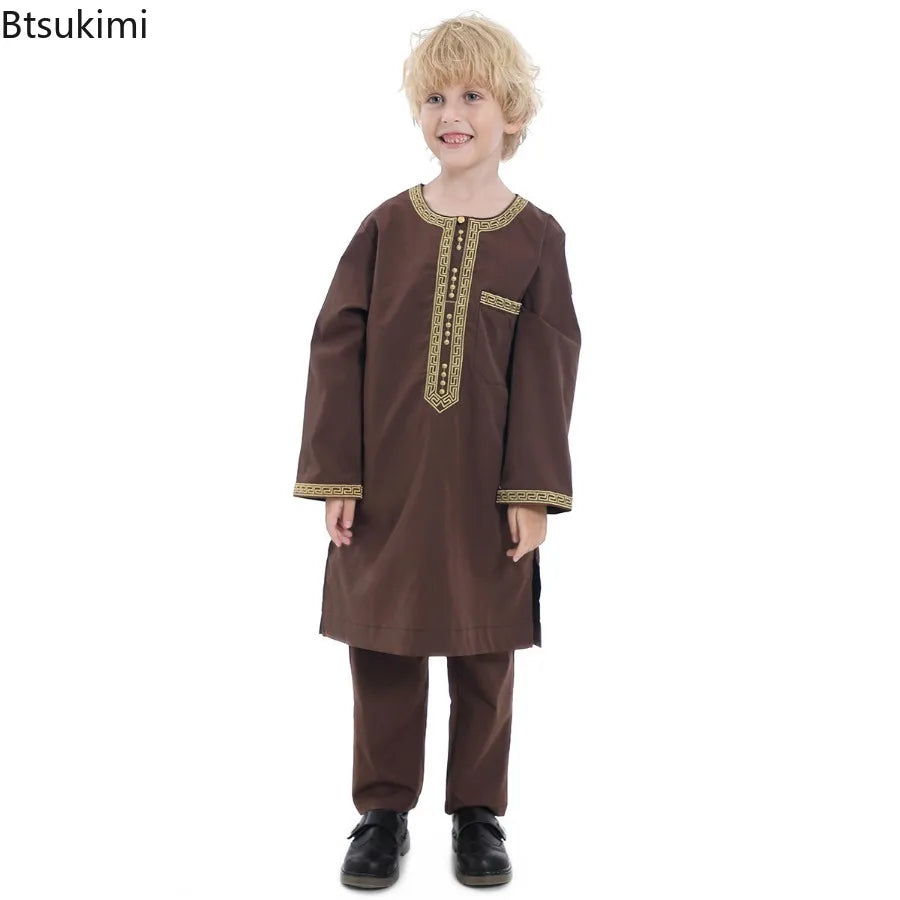 2025 Muslim Children Robe 2pc Set Long Sleeve Embroidery Dress Shirt+Pants Boys Fashion Abaya Kaftan Thobe Kids Islamic Clothing