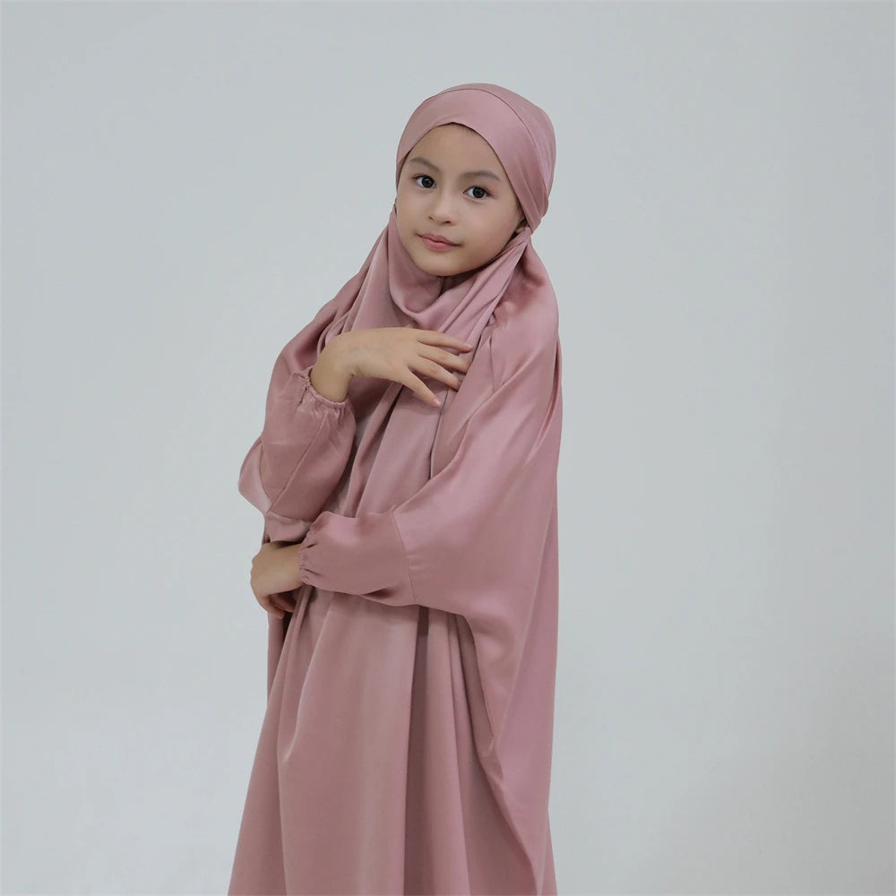 Gowns for Kids Girls Islamic Clothing 2 Piece Sets Dubai Muslim Outfits Overhead Hijabs Abaya Khimar Skirt Ramadan Eid Dresses