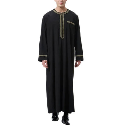 Men's Muslim Robes Middle East Arab Ramadan Islamic Clothing Solid Color Casual Lace Round Neck Long Sleeve T-shirt Dress Tunic