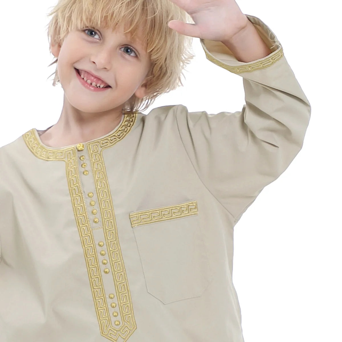 2025 Muslim Children Robe 2pc Set Long Sleeve Embroidery Dress Shirt+Pants Boys Fashion Abaya Kaftan Thobe Kids Islamic Clothing