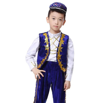 Traditional Muslim Clothing for Islamic Boy Arabic Jubba Thobe Arab Performance Saudi Arabia Dance Wear Top Pant Hat Set