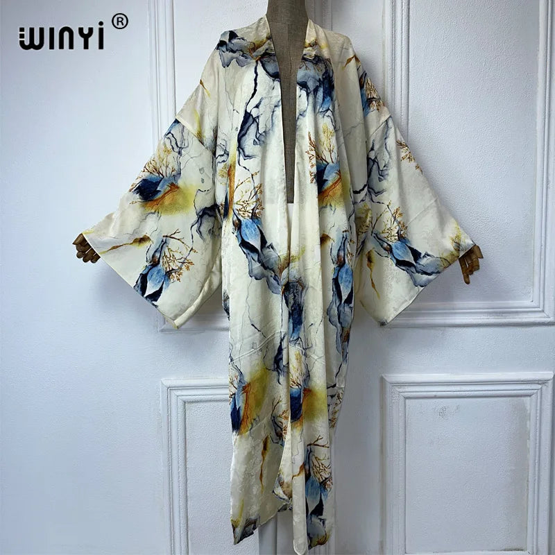 WINYI 2024 High-quality Double-sided Print Silk feel Dress Beach Wear Boho Cardigan abaya women muslim dress Long Sleeve Kimono