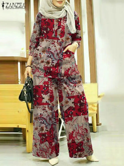 Women Autumn Matching Sets ZANZEA Bohemain Printed Blouse Wide Leg Pant Sets Woman Muslim Suit Fashion 2pcs Floral Tracksuits