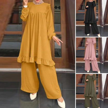 Ramadan Eid Muslim Two Piece Set Shirt &Pants Women Suits Shirt Blouse Musulman Ensembles Moroccan Kaftan 2025 Dress Sets