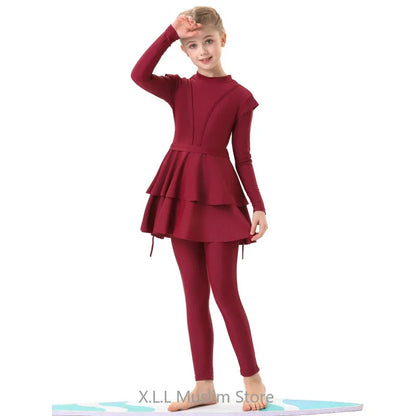 3 Pieces Set Muslim Kids Red Gray Swimwear Girl With Swim Cap Burkini Femme Musulmane Swimsuit Clothing Trajes De Baño Mujer