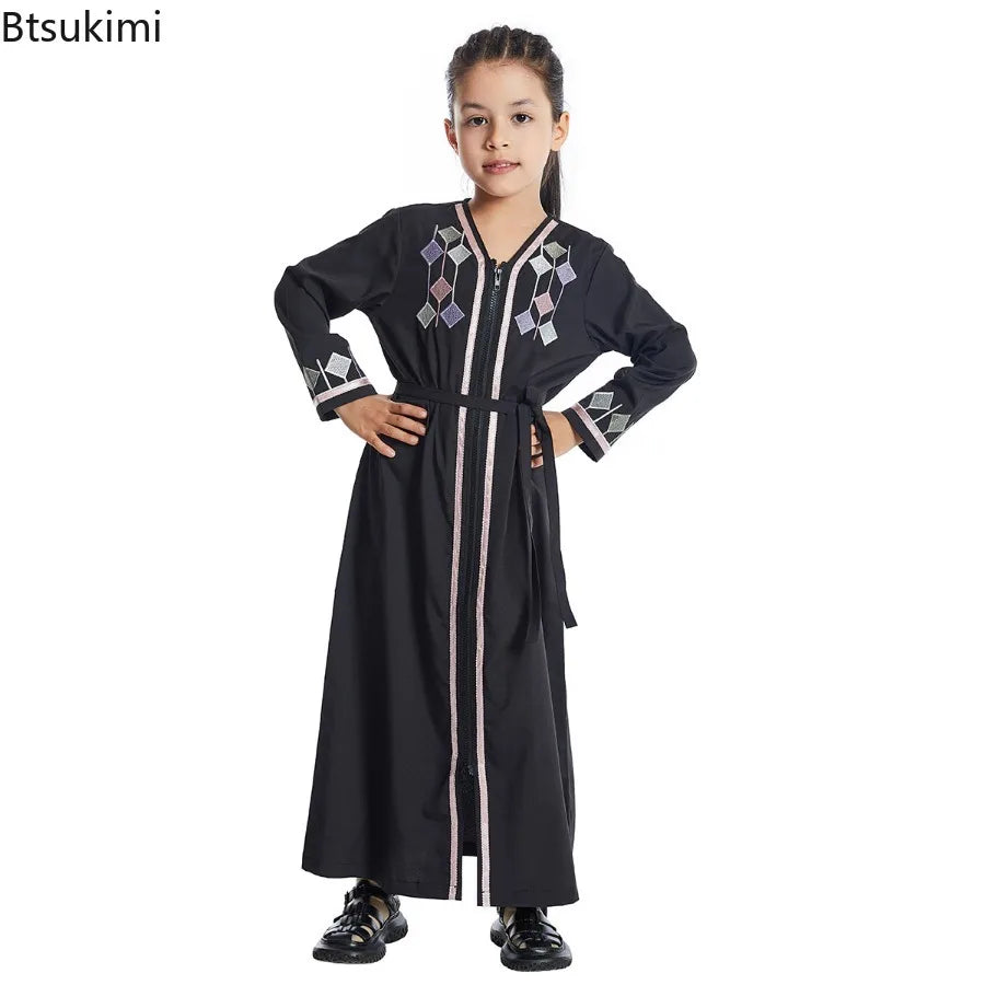 Moroccan Eid Muslim Kids Abaya Girls Embroidery Zipper Long Sleeve Maxi Dress Arabic Kaftan Robes Islamic Party Prayer Clothing