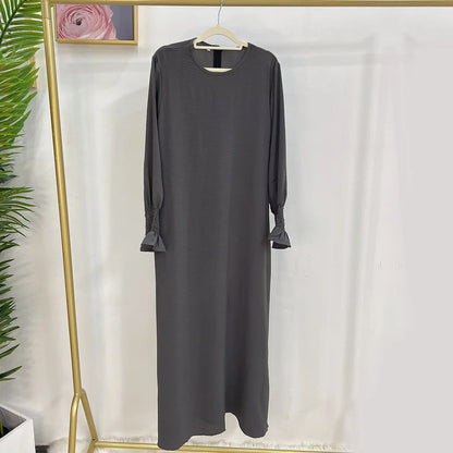 Under Abaya Inner Long Slip Dress Solid Color Smocked Cuffs Islamic Clothing Muslim Woman Casual Dubai Turk Modest Hijabi Robe