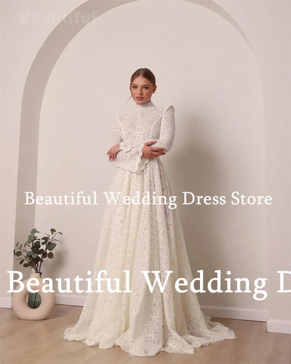 New Muslim Wedding Dress Lace High Neck Long Sleeves A-Line Floor-Length Bridal Dress Vestidos de novia Arab Robes de mariée