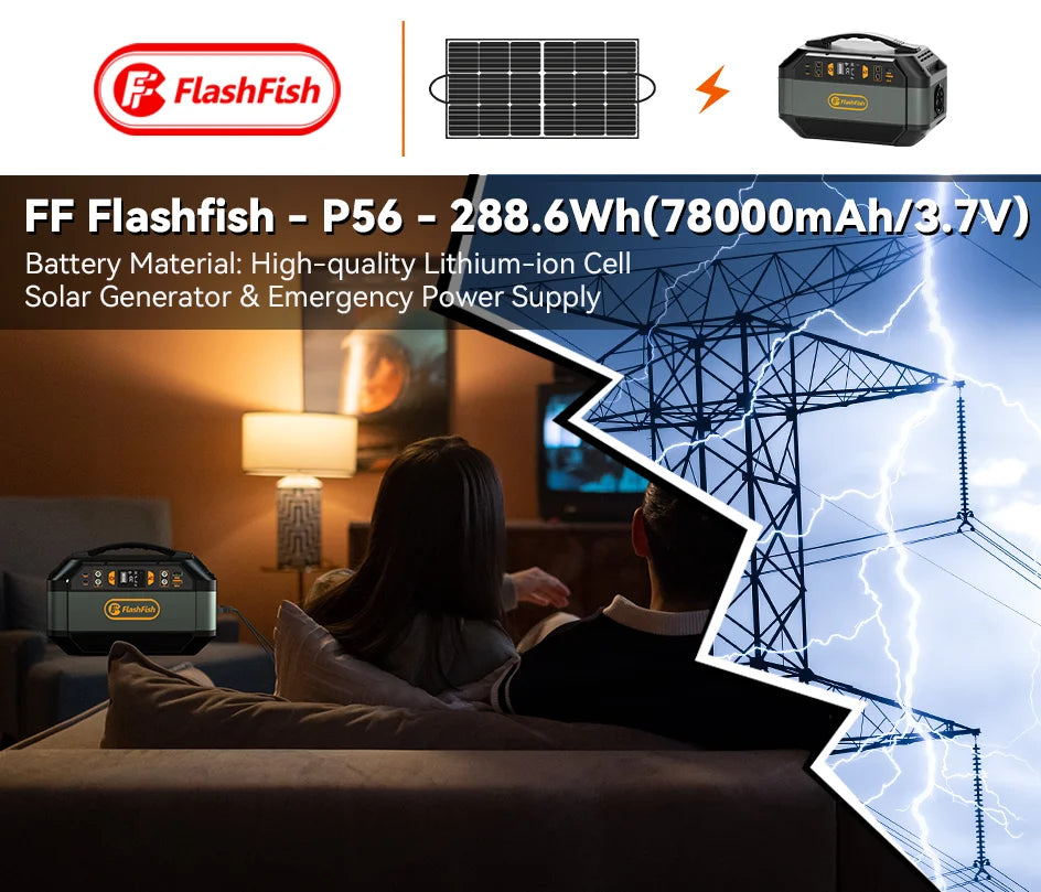 FF Flashfish Solar Generator 288.6Wh Portable Power Station 78000mAh/3.7V Battery AC 230V 330W for Outdoor Camping Power Supply