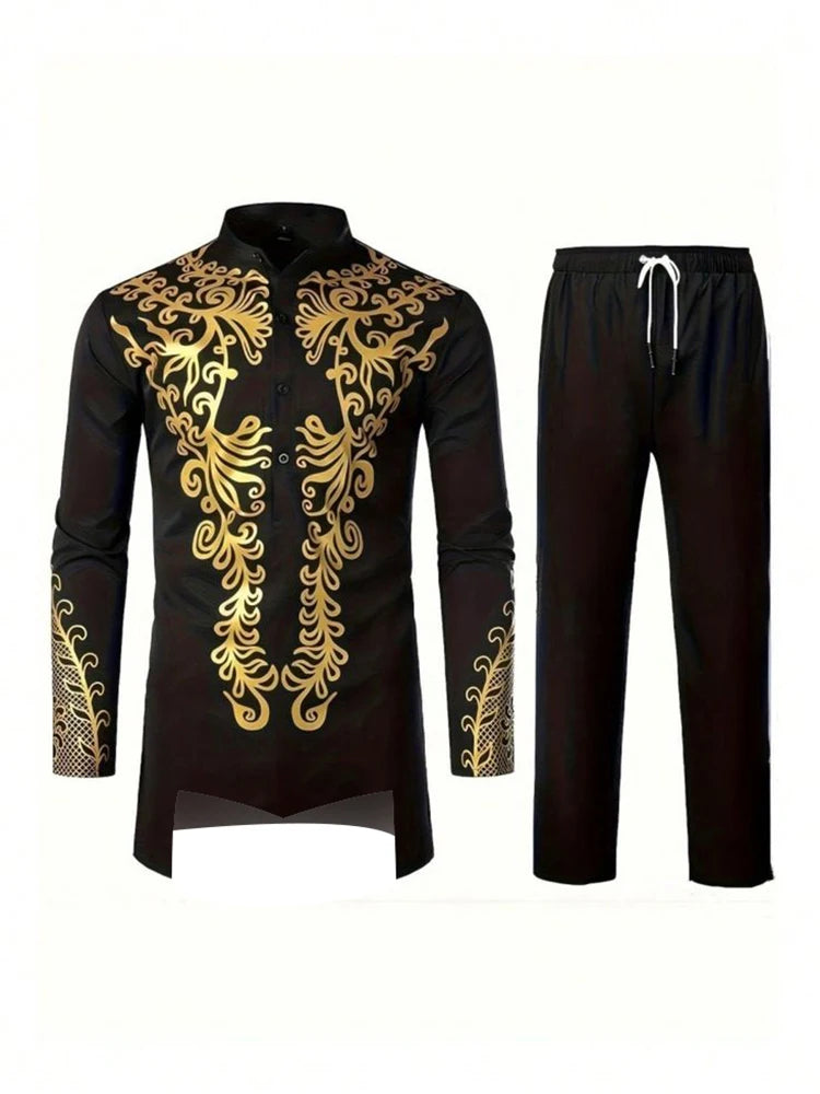 Muslim Robe Navy Blue Long-Sleeved Trousers The Traditional Dress of Arab Men 3D Pattern Printing Black White Yellow