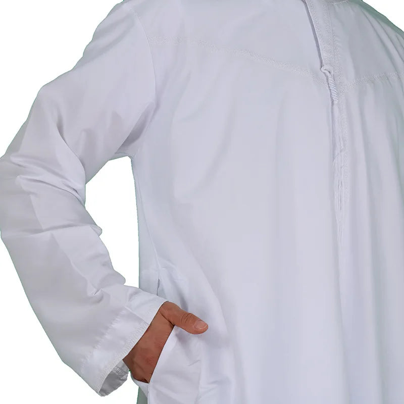 Muslim Men Clothing Galabia Islam Thobe Oman Robes Pocket Design Round Neck Saudi Arabia Qamis Man Solid Color Off-white Abaya