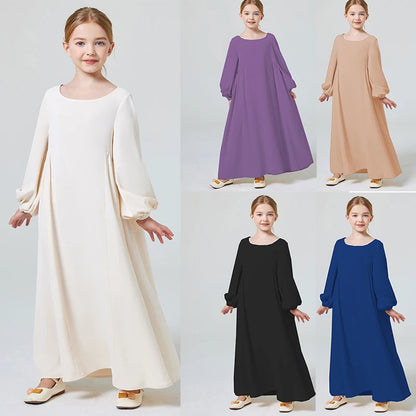 Ramadan Girl Abaya Muslim Elegant Solid Crew Neck Long Sleeve Kaftan Kids Dress For Pray Party