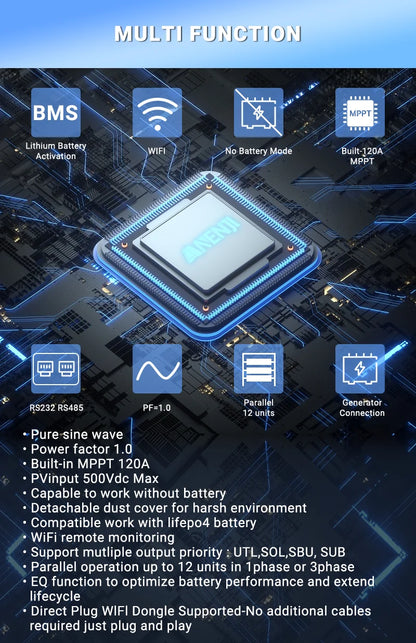 6.2KW 48V Hybrid Solar Inverter Parallel Solar Inverter 220V Pure Sine Wave PV 500V Built-in 120A MPPT Solar Charge Controller