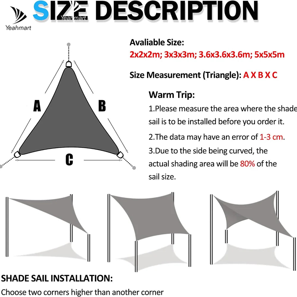 Triangle 2/3/3.6/5M Canopy with Fastening Ropes Premium Weatherproof Breathable Sun Shelter Sun Shade Sails Cloth Outdoor Awning