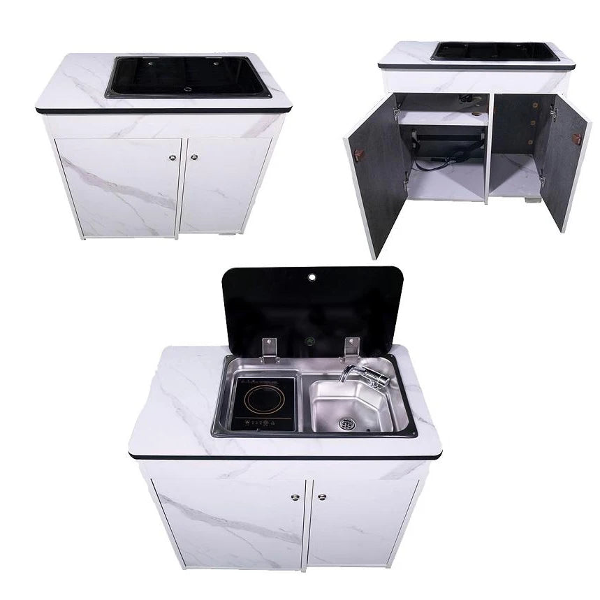 RV Stainless Steel Sink and Induction Cooker Combination Unit with Tempered Glass Lid for RV Caravan Motorhome Yacht