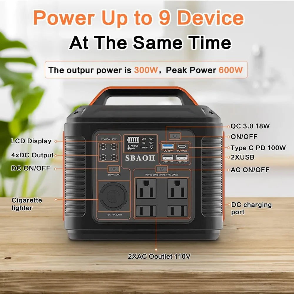 Portable Power Station,300W 296Wh Solar Generator Quick Charge/110V AC Outlets/DC Ports,LED Flashlight,Lithium Battery Backup