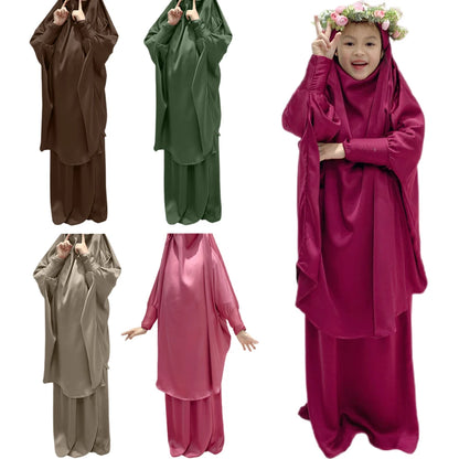 2PCS Muslim Kids Girls Khimar Skirt Set Islamic Prayer Garment Clothing Niqab Burqa Saudi Arabic Child Dress Hijab Robe Abaya