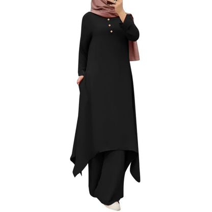 Traf Muslim Pants Suit Women Long Sleeve Blouse Abaya Loose Matching 2-pc Set Solid Bottoming Shirts Fashion Clothing StreetWear