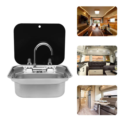 Steel Hand Wash Basin Sink with tap with Folded Faucet Tempered Glass Lid van Camper Trailer Accessories for RV Caravan or Boat