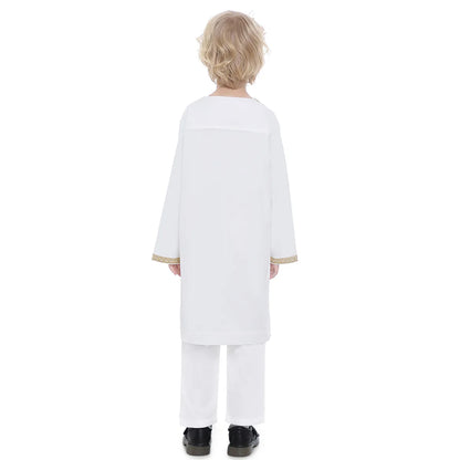 2025 Muslim Children Robe 2pc Set Long Sleeve Embroidery Dress Shirt+Pants Boys Fashion Abaya Kaftan Thobe Kids Islamic Clothing