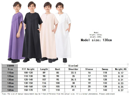 Ramadan Eid Muslim Solid Color Robe Islamic Arab Children Long Sleeve Dress Jubba Thobe Abaya Dubai Boys Clothing Turkey 2025