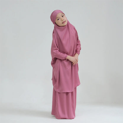 Gowns for Kids Girls Islamic Clothing 2 Piece Sets Dubai Muslim Outfits Overhead Hijabs Abaya Khimar Skirt Ramadan Eid Dresses