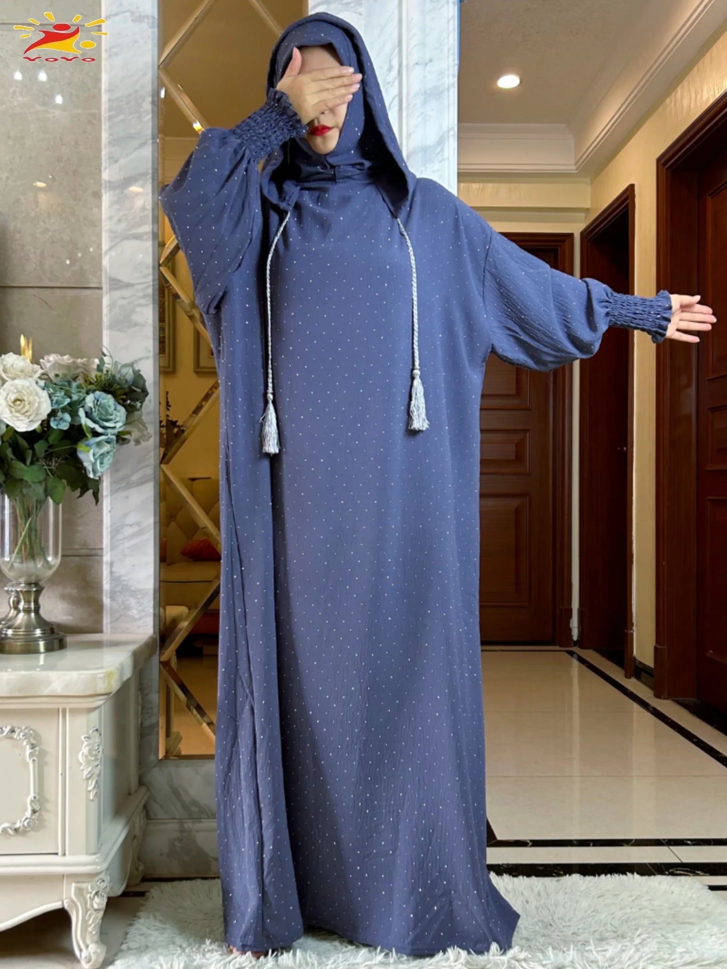 New Ramadan Muslim Double hat Solid Cotton Abaya Dubai Turkey Islam Prayer ClothesWith Stones Dress Islam Women Dress Kaftan