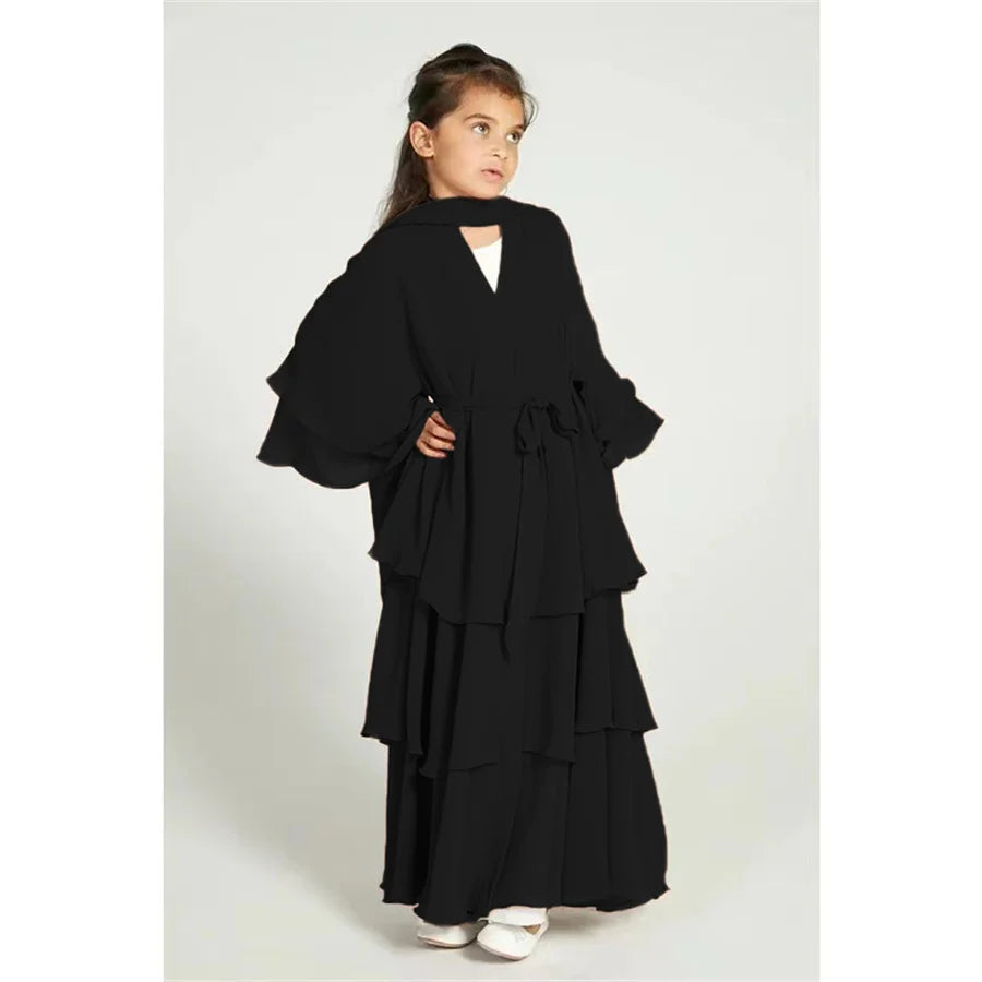 Chiffon Muslim Abaya Kids Open Abaya Girls Islamic Dresses Prayer Clothing for Children Long Robe Ramadan 2025 Clothes