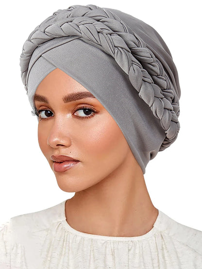 Trendy Braid Muslim Turban Cap Solid Color Women Hijabs Islamic Chemo Cap Head Scarf Ladies Head Wrap Cover Hijab Scarf