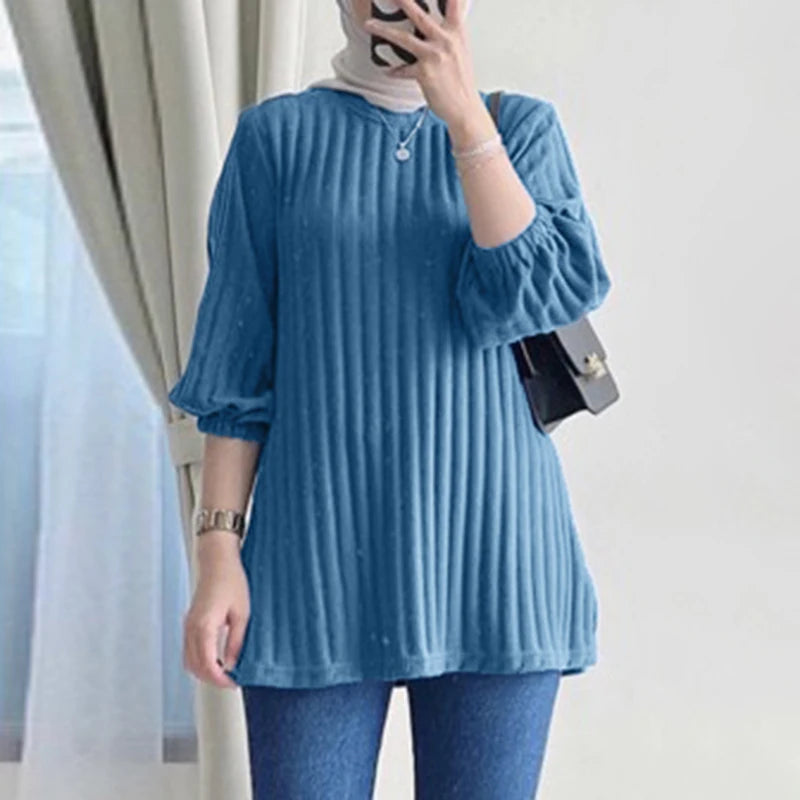 ZANZEA Women Muslim Hijab 3/4 Sleeve Ribbed Blouses Fall 2024 Tops Elegant Daily Shirt Casual Loose T-shirts Islamic Clothing