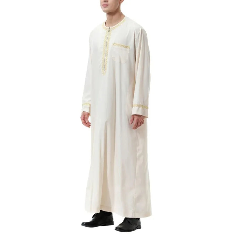 Men's Muslim Robes Middle East Arab Ramadan Islamic Clothing Solid Color Casual Lace Round Neck Long Sleeve T-shirt Dress Tunic