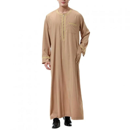 Men's Muslim Robes Middle East Arab Ramadan Islamic Clothing Solid Color Casual Lace Round Neck Long Sleeve T-shirt Dress Tunic