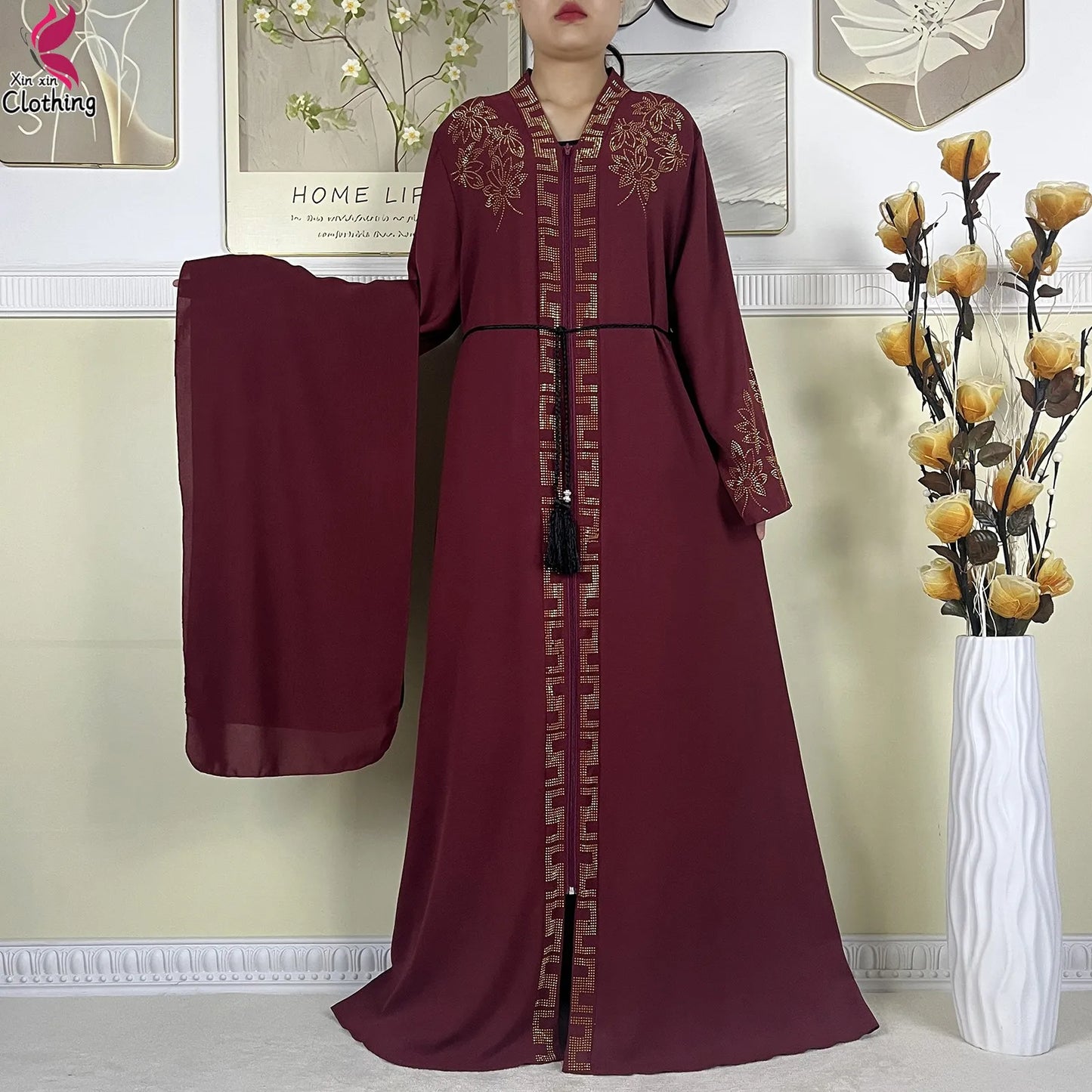 New Muslim Abayas For Women Long Sleeved Dress Dubai Lady Elegant Long Dress Islam Clothing African Abaya Loose Robe With Turban